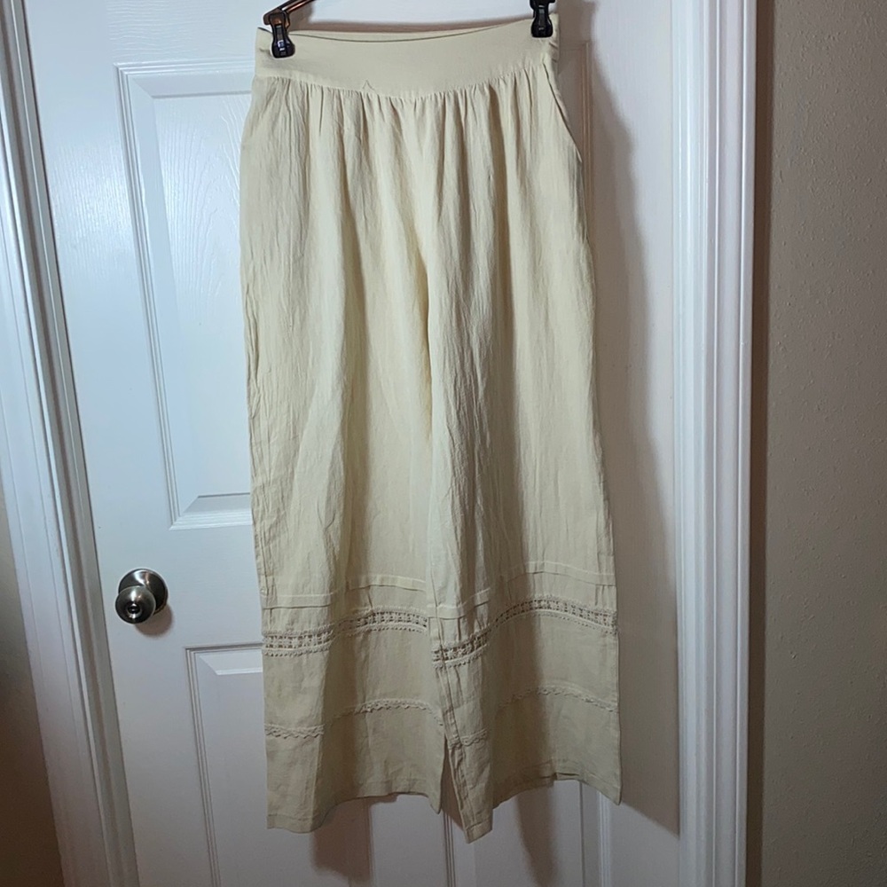 Faeriesty Linen Blend Wide Leg Pants  crochet Detail Size Medium Side Zip pocket